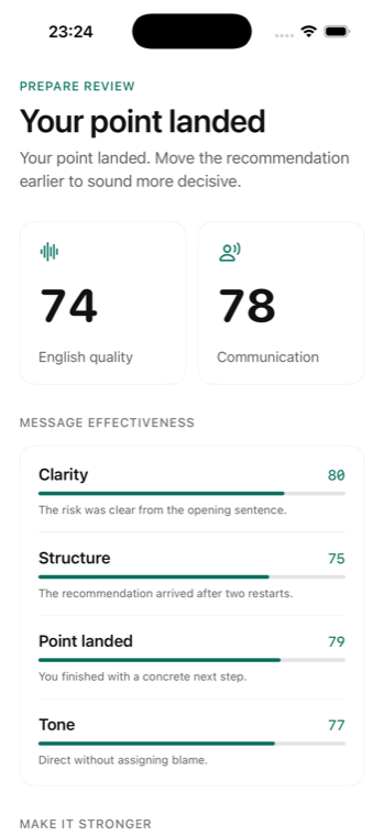 VOCEN result screen, showing a score of 74 and a breakdown into clarity, structure, point landed and tone