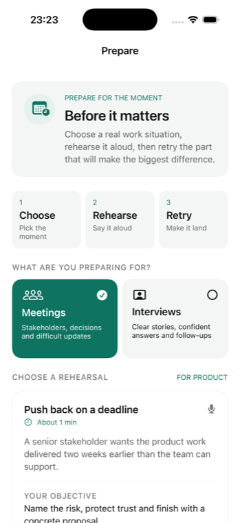 VOCEN Prepare screen: choose, rehearse, retry a real meeting or interview situation